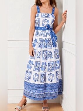 Modern Tiles Poplin Fit & Flare Maxi | Talbots | 🌿 Blue & White Porcelain Print